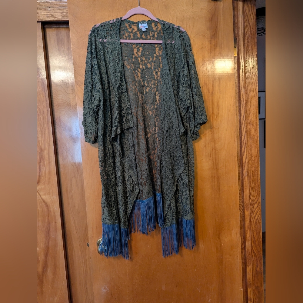 Green Lace Kimono with Blue Fringe